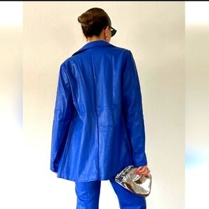 VINTAGE 80s Cobalt Blue Lambskin Leather Jacket M Bold Oversized Moto Style